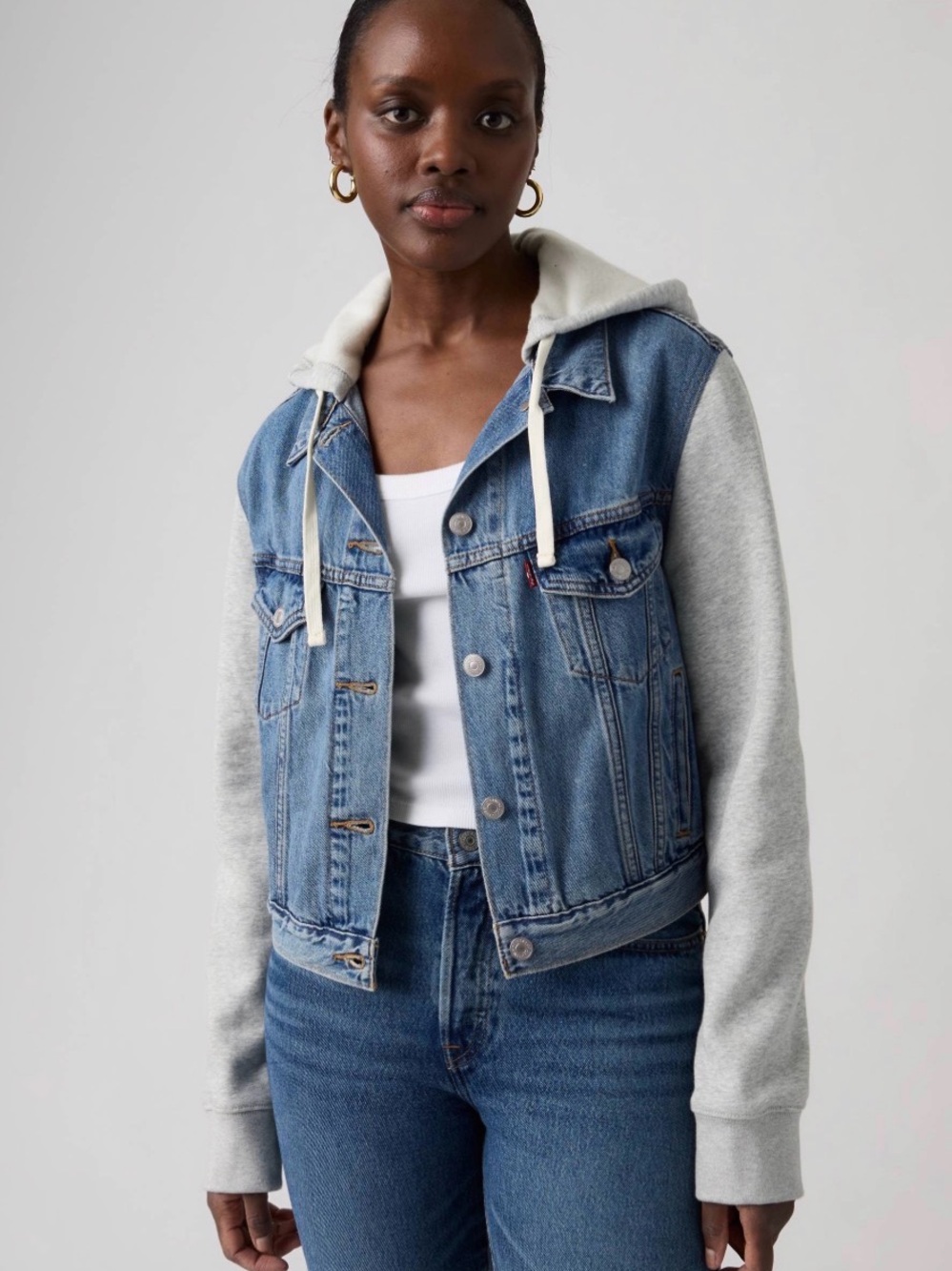 Levi's Blue Denim Jacket with Gray Hoodie Sleeves